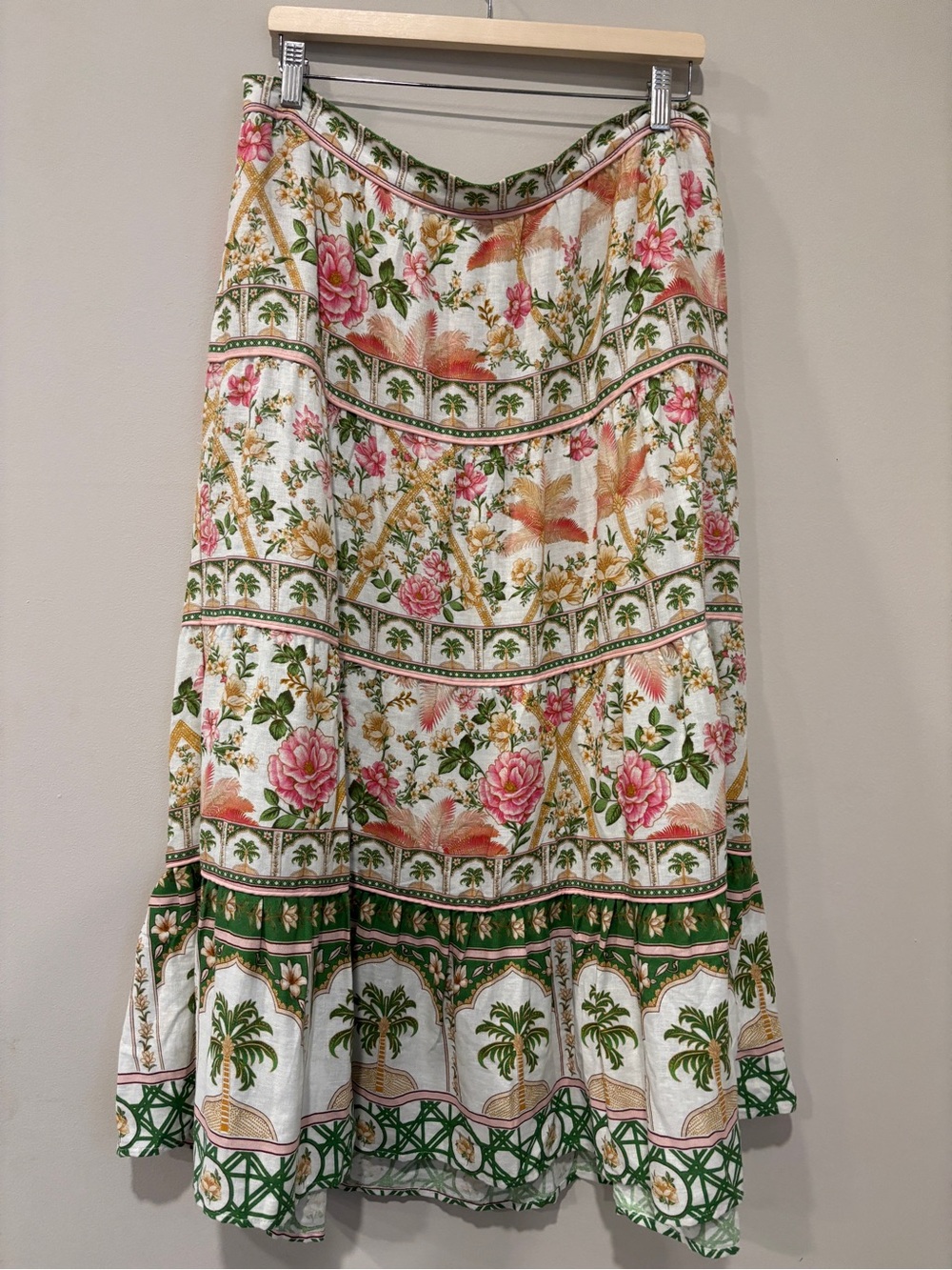 Calypso St. Barth White Floral & Palm Midi Skirt Pink Green Linen Tropical